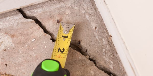 Measuring tape placed on cracked concrete floor near wall.