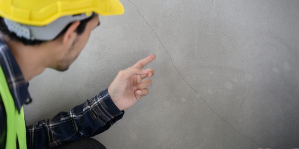 A foundation specialist inspecting a cracked concrete wall during a professional Birmingham foundation assessment.
