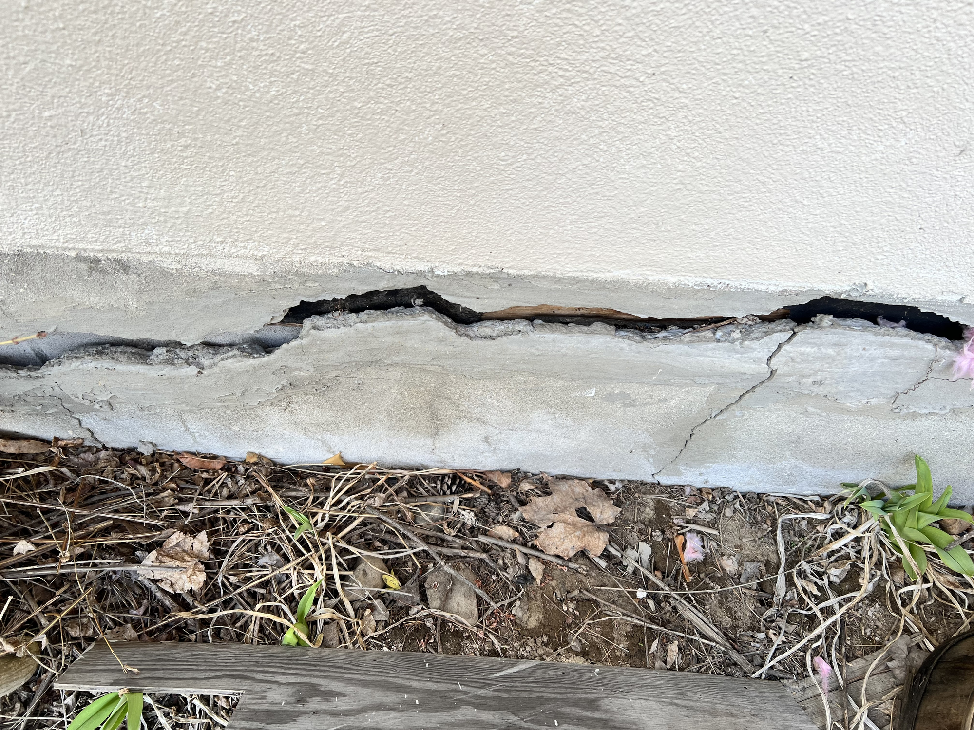 A wide crack splitting a sunken concrete driveway slab — a clear sign the slab needs poly lifting repair.